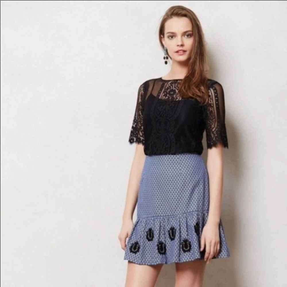 Anthropologie Leifsdottir Cateline Navy Blue Jacquard Fit and Flare Mini Skirt 4